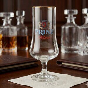 RARE NOS Prinz Pilsener 6.5" German Beer Glass Gold Rim HTF